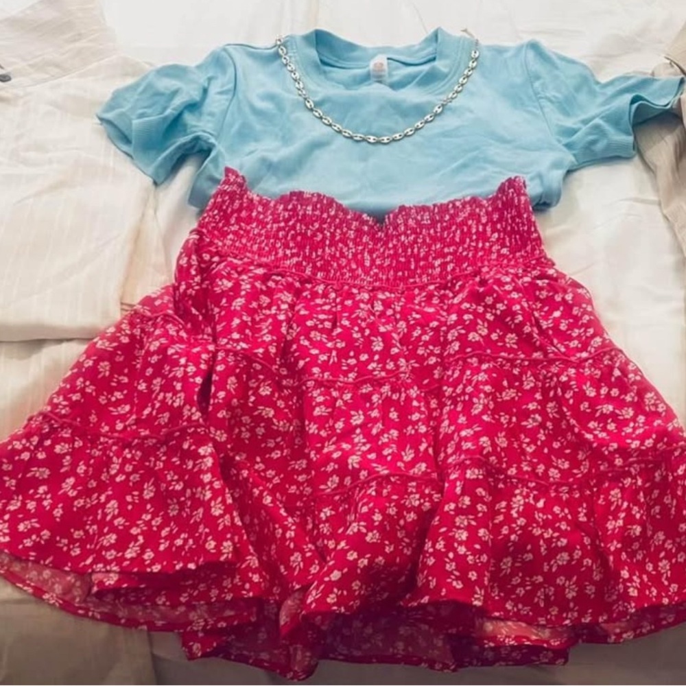 Blue Top with Red Floral Skirt